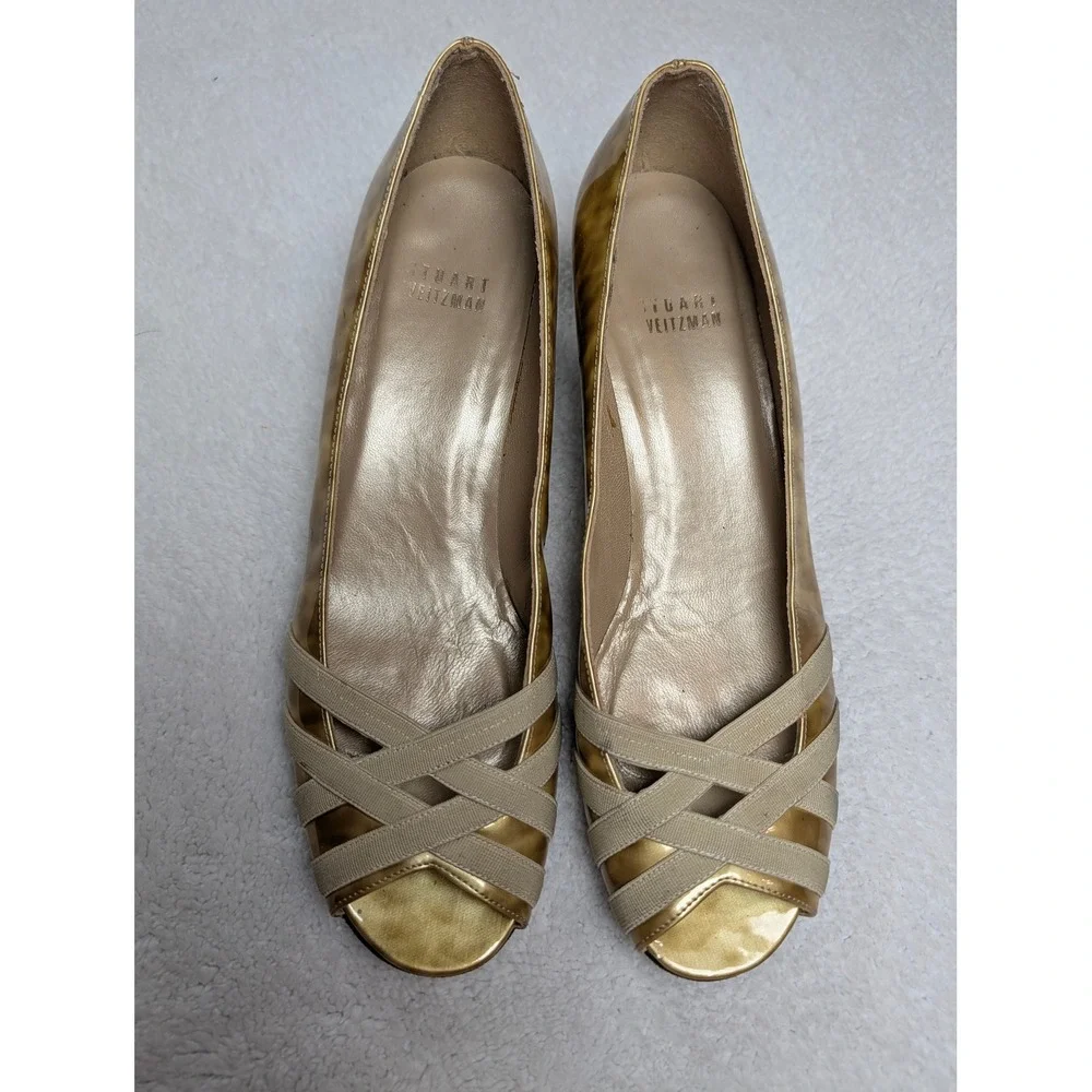 Stuart Weitzman Gold Tortoise Patent Leather Peep Toe Wedge Heels UW35709 7.5N